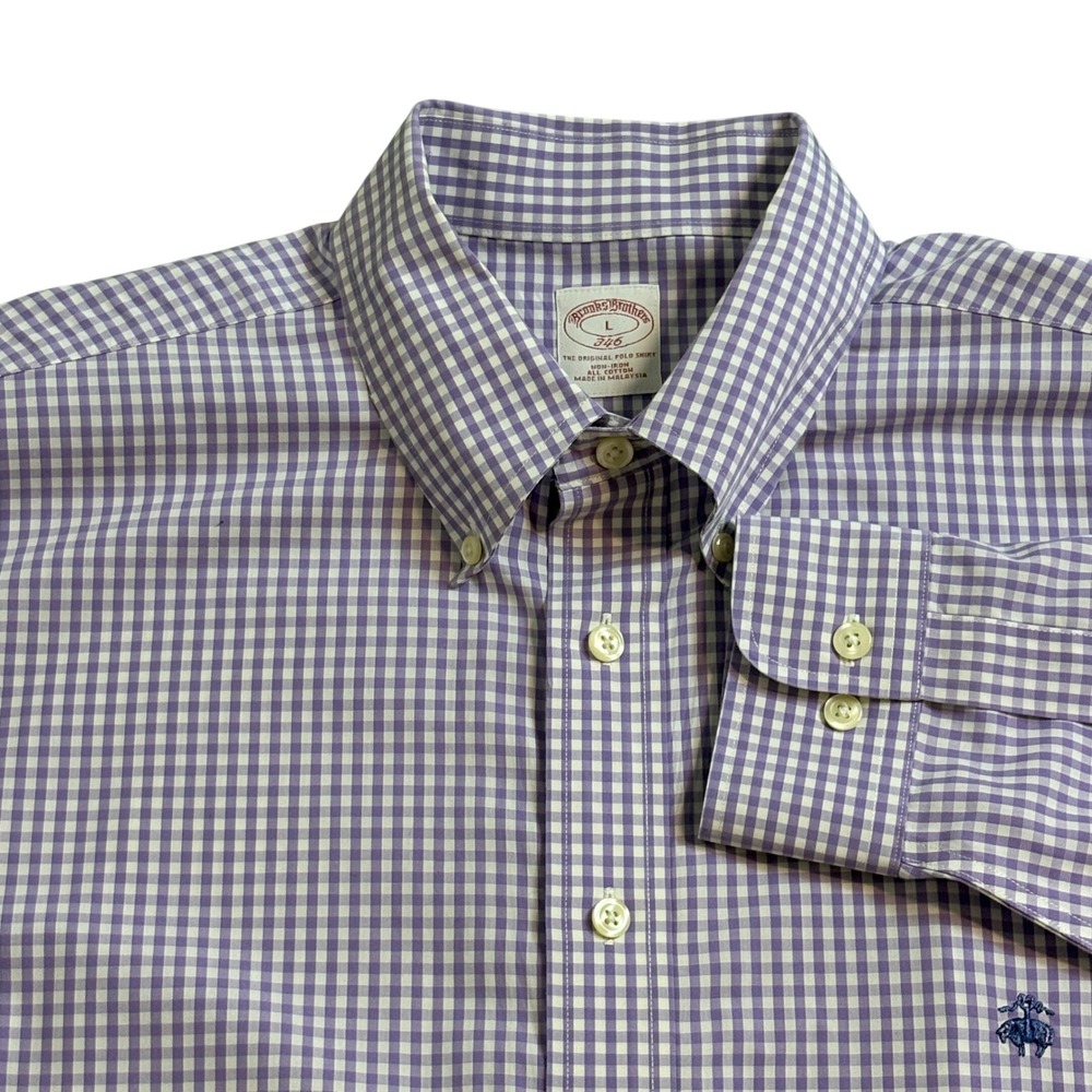 Brooks Brothers 346 Mens Large Purple Gingham Non-Iron Cotton Button Down Shirt